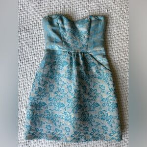 Kimchi blue strapless short  bustier party dress XS. Aquamarine brocade w/gold.